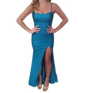 Sherri Hill Dress 00 Blue Prom Sequined Maxi High Slit Cut Out Lace Up Back